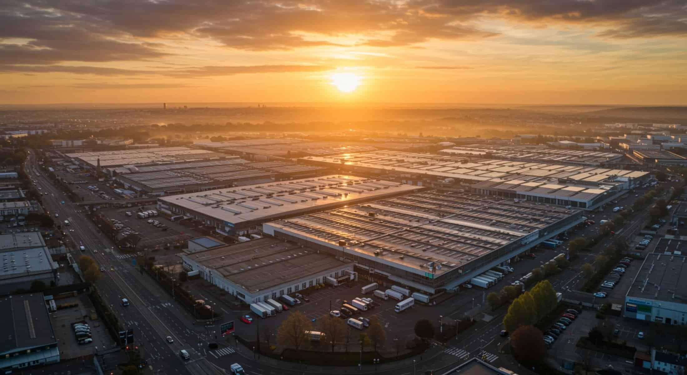Vue aérienne du MIN de Rungis au coucher de soleil